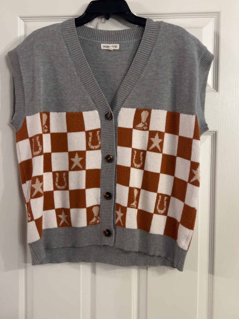 Western Knit Button-Front Vest in Gray & Rust